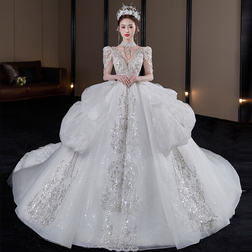 红妆饰佳婚纱新娘2025新款主纱法式奢华重工复古高级质感迎宾纱公主仪式纱 米白齐地款 S