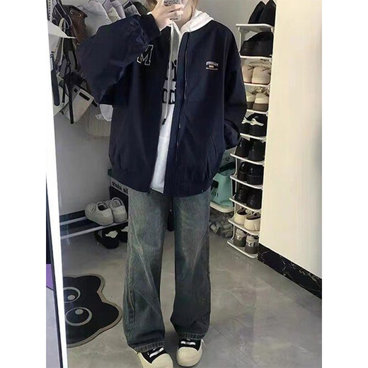 7 Jackets piloto de alta calidad para hombres en primavera y otoño New American Retro Street Trend Marca de béisbol suelto más uniforme de béisbol de vellón para hombres TMZXF-W694 Black XL