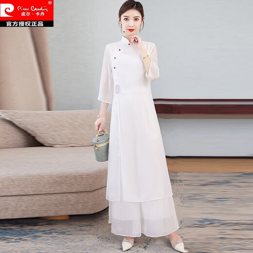 Pier Cardin Chinese Zen Women's Tea Clothing Women's Summer Set Autumn Chinese Style Hanfu Improved Cheongsam Two Tea Artist Clothing White Set M