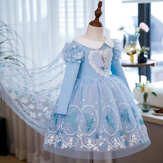 G.duck Elsa Princess Dress Girls Spring and Autumn Frozen Puff Dress Autumn and Winter Children's Elsa Dress Dress Skirt Long Sleeve Blue (with Veil) + Eight-piece Set 120 Suitable for heights around 110cm