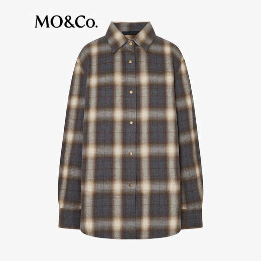 MO&Co. Shirt 2025 Winter New Product Double-sided Brushed Thick Cotton Gradient Plaid Matte Old Feel Unisex MBE4SHT003 Gray Brown Plaid S /160