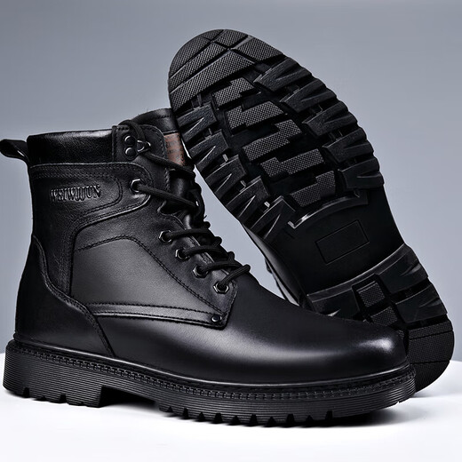 KLWP Martin boots men's genuine leather wool warm cotton boots high top layer cowhide work clothes outdoor thickened 3519 black (wool style 39