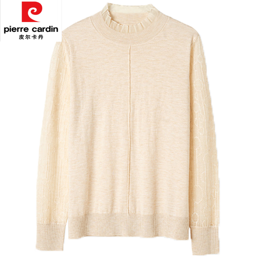 皮尔卡丹（pierre cardin）春秋薄款长袖针织衫女短款秋冬2025新款内搭蕾丝打底衫半高领上衣 1396米色 XL 【120-135斤】
