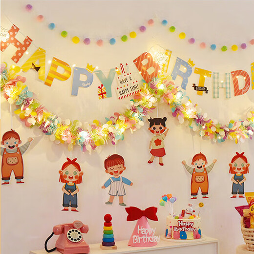 Huawoli children's birthday decoration scene layout happy birthday party pull-up flag balloon props atmosphere boys and girls