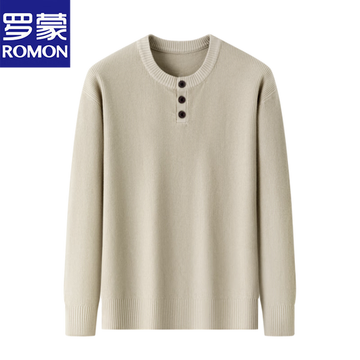 Romon Henry collar T-shirt men's long-sleeved autumn new jacquard inner layering shirt three-button round neck men's knitted sweater wool T light rice Q-19227 XL 52