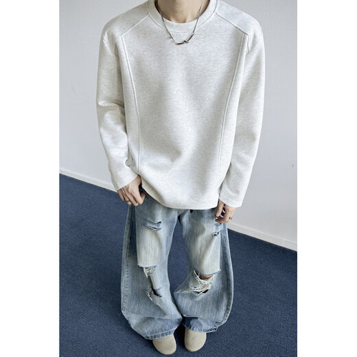 NYING American heavyweight right shoulder long-sleeved T-shirt for men in autumn and winter new trendy brand deconstructed sweatshirt large size loose inner base white gray XL (130-150Jin Jin equals 0.5 kg)