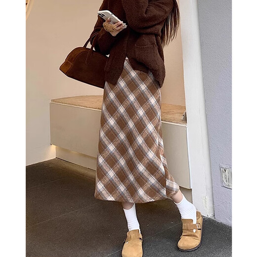 Hao'e retro woolen plaid skirt for women autumn and winter brown high waist slim pear-shaped figure long slit a-line skirt khaki M recommended 96-110Jin Jin equals 0.5 kg