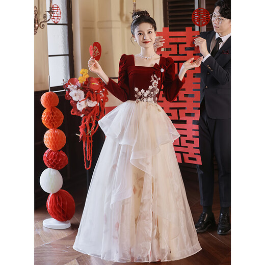 Li Baixin French Toast Wear 2025 New Bride Wedding Engagement Wedding Evening Dress Women's High-Quality Home Casual Clothes Long Sleeve Burgundy Long Style L Recommended 100-110 Jin Jin equals 0.5 kg