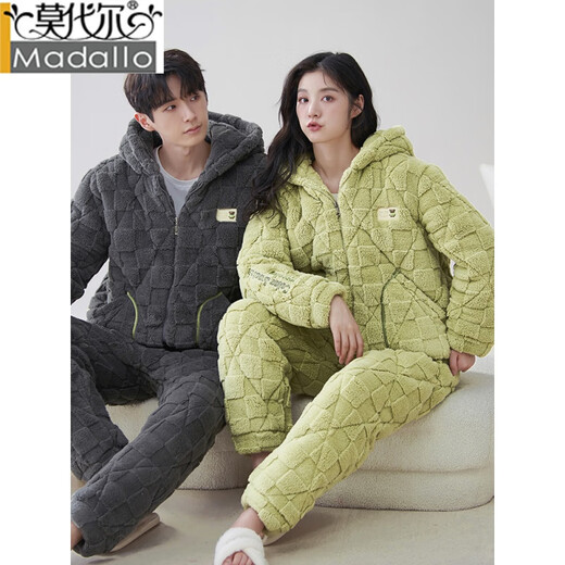 Modal thickened coral velvet couple pajamas for women, winter three-layer quilted men's flannel home clothes MZB439 hooded quilted women L