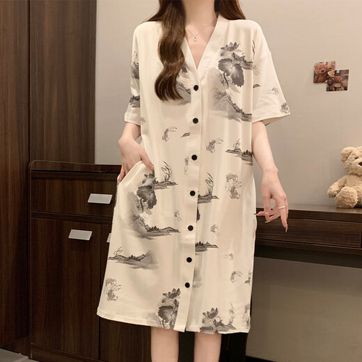 Talihong Nachthemd mit Brustpolster für Frauen für Sommer kurzärmelige dünne Frauen-Pyjamas Feel Tinte Malmalerei große Heimkleidung für Außenkleidung 5155 grüne Blumen mit Brustpolster m