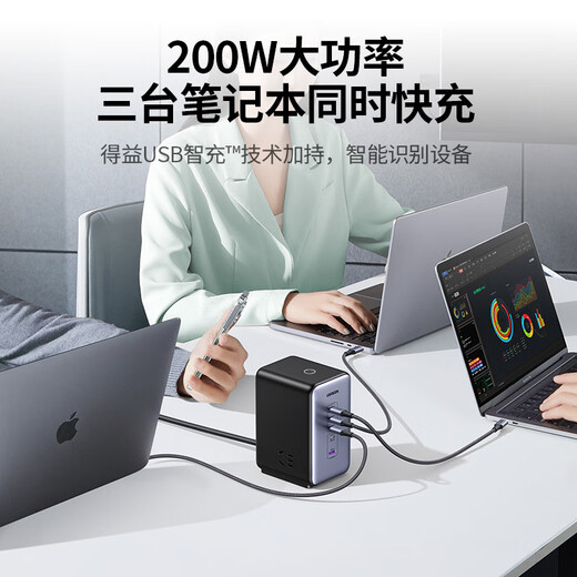 Greenland gallium nitride plug-in strip 200W desktop charging station compatible with PPS/PD protocol Apple Xiaomi 17 fast charging socket USB smart charging magic box plug-in mobile phone and computer including 240W cable