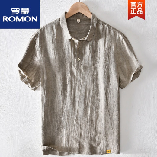 罗蒙（ROMON）中国风亚麻翻领短袖t恤男有带领麻布男装棉麻料T宽松衬衫领上衣服 msp795卡其色 2XL 175斤左右