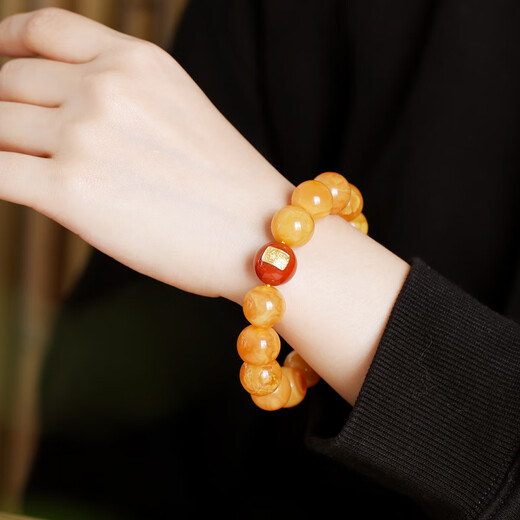 Qingchengshan Presbyopia Wax Bracelet 18k Gold Nanhong Lucky Bracelet Chicken Oil Yellow Transfer Beeswax Jewelry Birthday Gift for Men and Women 18k Gold 14mm Flower Wax Bracelet + Expired