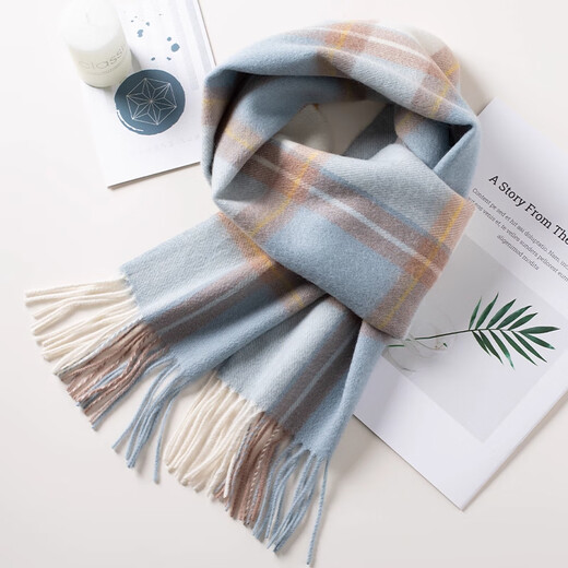 Wooden Boat Fish British Style 100% Wool Plaid Scarf Women's Winter Youth Versatile Women's Warm Couple Scarf Birthday Gift Azure Mocha Pattern (100% Australian Wool New Plaid)