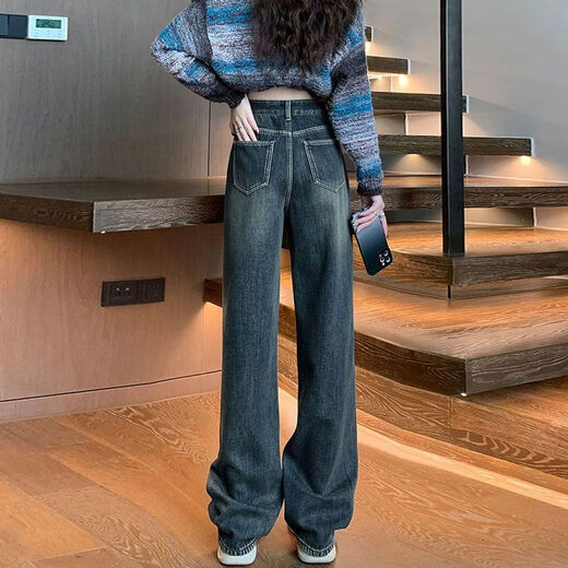 Bear Commander Jeans für Frauen im Frühling und Herbst und Winter Neue lose und komplett und vlies-Fleece-verdickte geradlinige Weitbeins Casual Hosen 679-1 Blaues Grau plus Fleece hohe Qualität 39,5 27 L 112-1jin [Jin entspricht 0,5 kg]