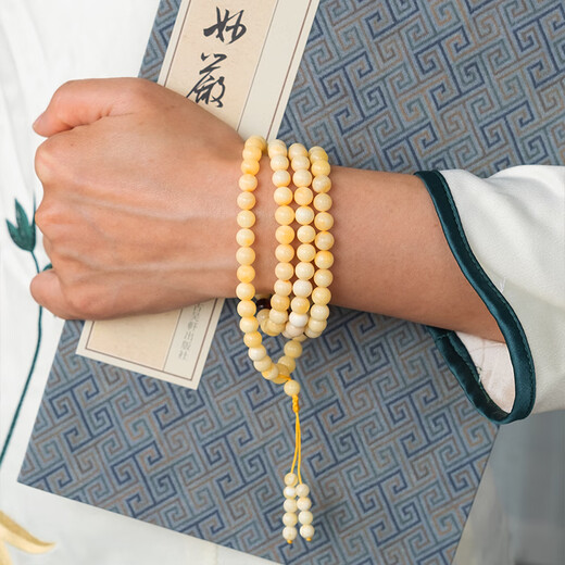 DRJEFUN Natural Amber Beeswax Round Bead Bracelet 108 Necklace Men's Russian Chicken Oil Yellow Bucket Bead Bracelet Women's 7.5mm Certificate No. 6169 Thick Wax Demon Flower
