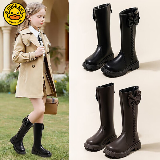 G.duck Little Yellow Duck Girls' Boots Children's High Boots 2025 Long Boots Autumn and Winter New Style Girls' Plush Leather Boots Princess Style Black Single Shoes 27 Inner Length 16.8 cm