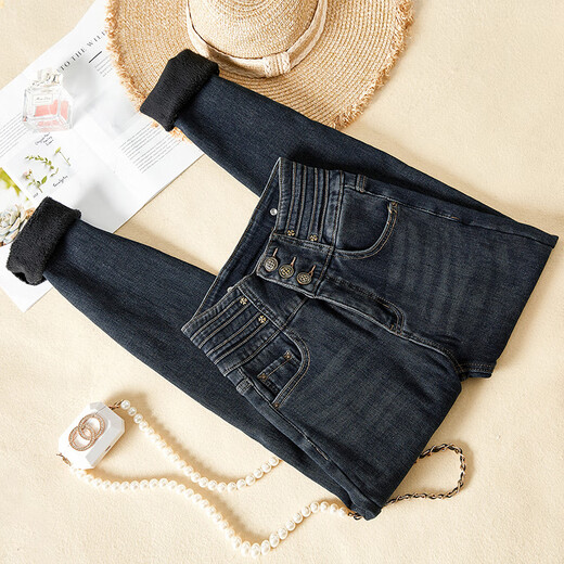 Shechi Slim Jeans 2025 Winter New Women's Plus Velvet Washed High Waist Breasted Small Foot Pants