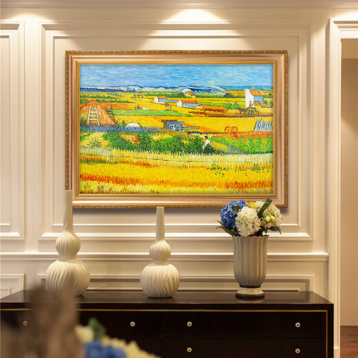 Flagal del emperador Van Gogh La cosecha de campo de trigo pintada al óleo pintada al óleo de estilo europeo Decoración de restaurantes Sala de estar Sofá Fondo de pared Pintura de pared Pintura colgante 692 Marco de oro 180x90