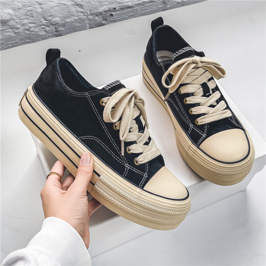 Yuqiao Zapatos de lona de suela gruesa 2025 Zapatos de tablero clásico coreano 1970 Sports de alumno bajo, pareja de deportes informales, bajo negro 42