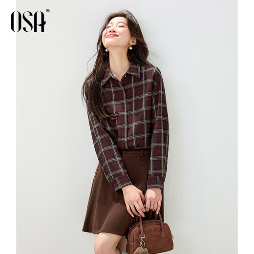 Osha retro contrasting plaid shirt women's winter new style slim brushed long-sleeved shirt top Angora Red XL