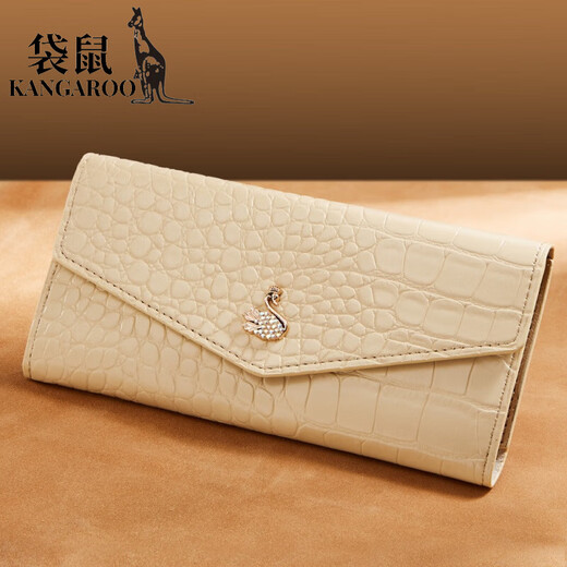 袋鼠（KANGAROO）时尚鳄鱼纹女士长款钱包超薄时尚大容量多卡位放手机证件卡夹卡包 白色