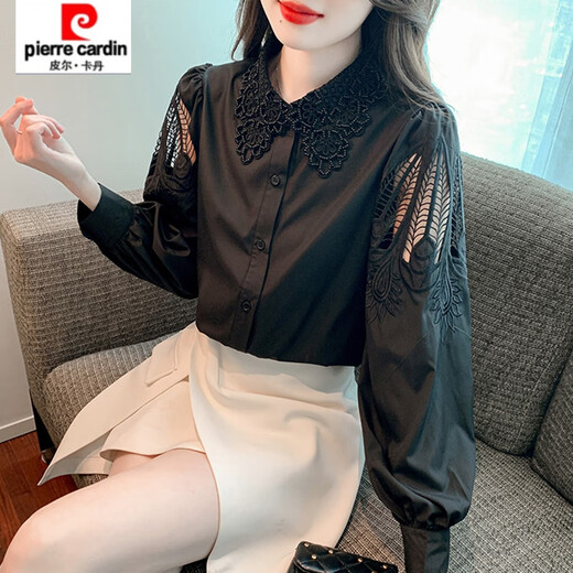 
Piercadian embroidered cotton shirt for women 2025 autumn new fashion embroidered white shirt loose versatile long-sleeved top CY9227 Black S [Suggested 75-95Jin [Jin equals 0.5 kg]]