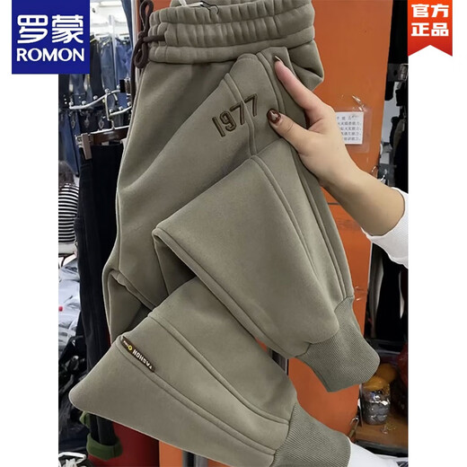 ROMON large size 300Jin Jin is equal to 0.5kg casual pants for men and women in autumn and winter plus velvet leg sports men's pants loose drawstring embroidered harem military green plus velvet 2XL 130-160Jin Jin is equal to 0.5kg