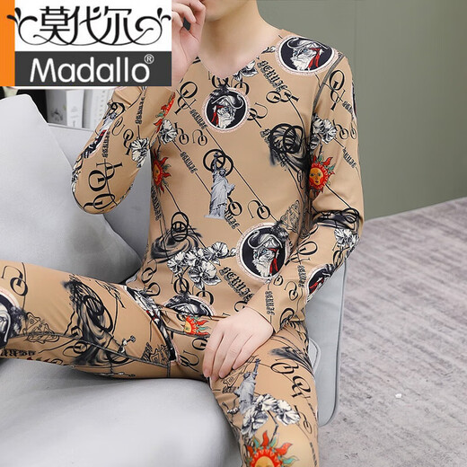 Modal Winter German Velvet Thermal Underwear Men's Suit Plus Velvet Thickened Autumn Clothes and Autumn Pants Trendy Brand Printed Slim Bottoming Shirt Khaki L (85-109Jin Jin is equal to 0.5kg)