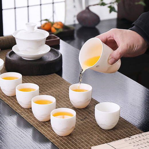 Artisan immortal mutton fat jade glazed white porcelain tea set Dehua ceramics home office Chinese style bowl kung fu tea set complete high-end Yuanshan Fuman set (ink gray) 1 piece
