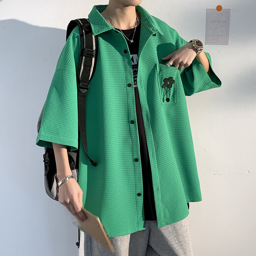 
YOOOURTHING24 summer new high-end casual waffle quarter-sleeved shirt men Hong Kong style brand large size loose shirt men C829 black 4XL recommendation (185-205Jin [Jin equals 0.5 kg])