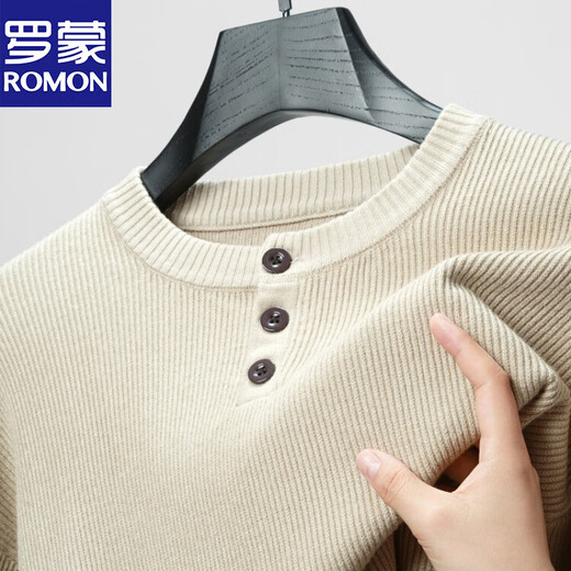 Romon Henry collar T-shirt men's long-sleeved autumn new jacquard inner layering shirt three-button round neck men's knitted sweater wool T light rice Q-19227 XL 52