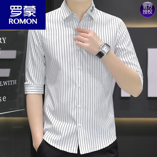 罗蒙（ROMON）夏季冰丝七分袖衬衫男短袖条纹休闲帅气修身男士衬衣潮流中袖衬衫 单件装682灰色 M