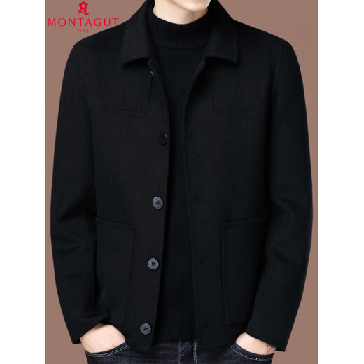 Montagut Double-sided Cashmere Coat Men's Middle-aged Autumn and Winter Short Lapel Jacket Wool Woolen Casual Jacket Black 2XL 185/100A