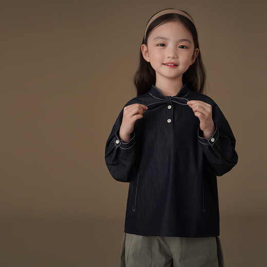 Haqi children's clothing children's denim shirt spring and autumn thin simple casual top girls spring clothing 25 new design sense dark denim blue 170