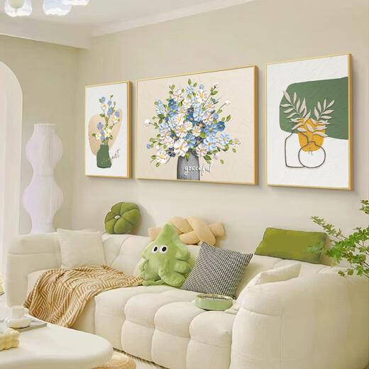 Mao Jiujiang cream style living room decoration painting simple small fresh high-end floral triptych Nordic sofa background wall hanging painting
