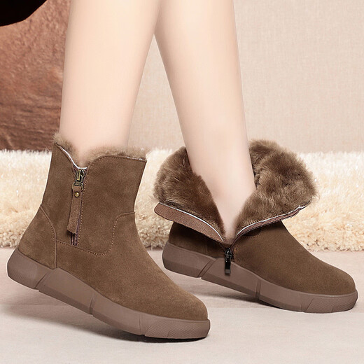 Belle fur-in-one genuine leather snow boots for women Martin boots plus velvet thick-soled short boots for women mother cotton shoes wool yellow (fleece lining) 39