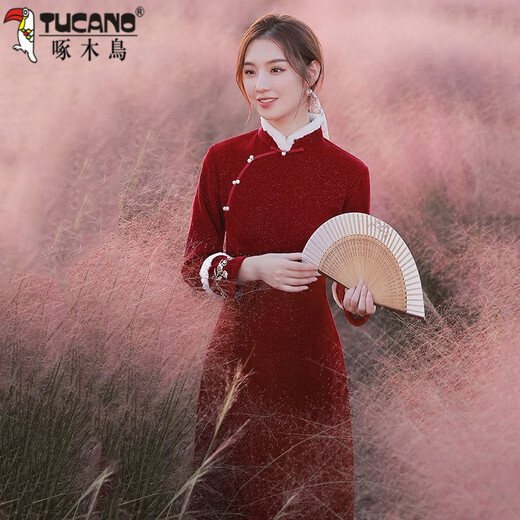 Woodpecker Red Chenille Cheongsam 2025 Winter New Thickened Long Sleeve Autumn Improved Young Style New Year's Eve Clothes Burgundy M