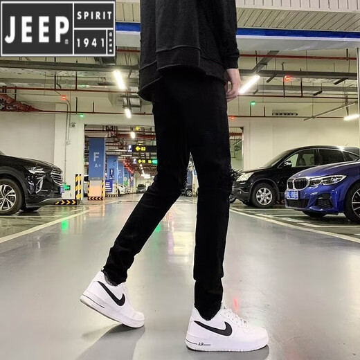 Jeep Spirit Jeep Jeep Herren neue High Street Trend Marke High-End-Herrenhosen Patch Herrenhosen Schwarze Schlanke Füße Hosen Schwarz G833 Modell 32