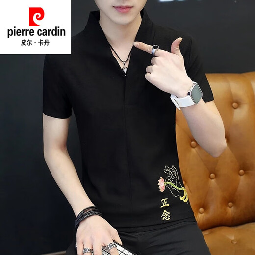 
Pierre cardin summer Chinese style v-neck short-sleeved men's linen t-shirt for men 2025 new slim ice silk embroidery trend 9193 white 2XL 180
