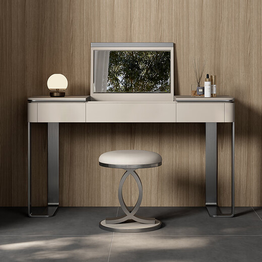 Jia Jia Huan minimalist light luxury dressing table high-end customized Italian style hidden flip with mirror solid wood bedroom dressing table high-end 1 meter dressing table + stool titanium gray stainless steel