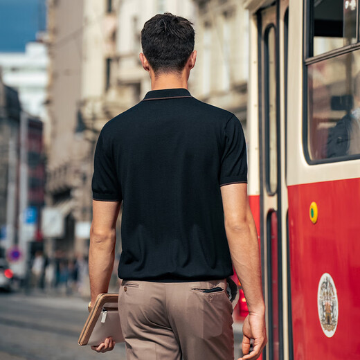 Mr. Bu machine washable lapel cardigan T-shirt 2025 autumn new solid color business sweater short-sleeved bottoming shirt BT16888 piano black M (170)