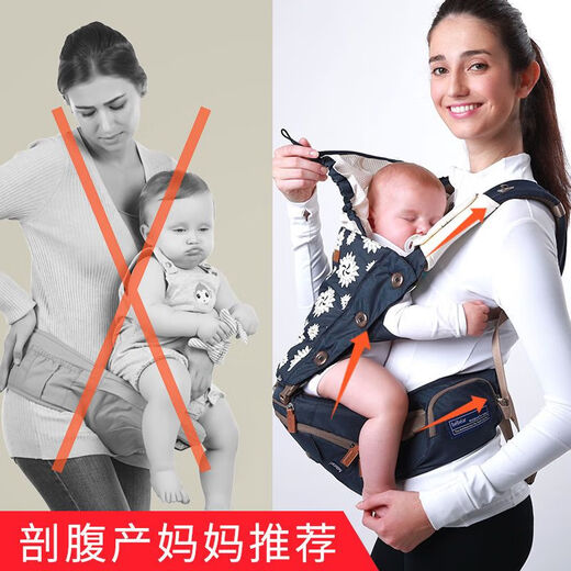 Hug bear waist stool foldable strap baby holding artifact baby light front-held newborn baby four-season stool KT08 powder (with sun hat + saliva towel)