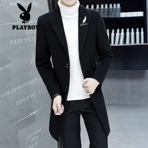 Playboy (PLAYBOY) men's windbreaker new autumn and winter woolen coat men's Korean style trendy cotton thickened youth woolen coat men 988 black XL XL (recommended 125-140Jin Jin equals 0.5 kg)
