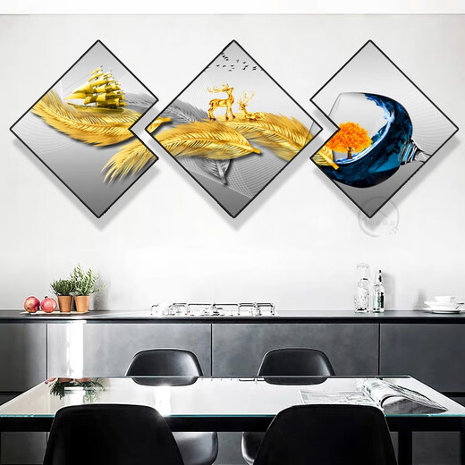 Aohan Modern Restaurant Decoration Painting Creative Wine Glass Multi-sided Rhombus Painting Hall Dining Table Background Wall Hanging Painting Dining Room Wall Mural JD15832 40*40/40*40/40*40 Textured Oil Canvas PVC Black Border