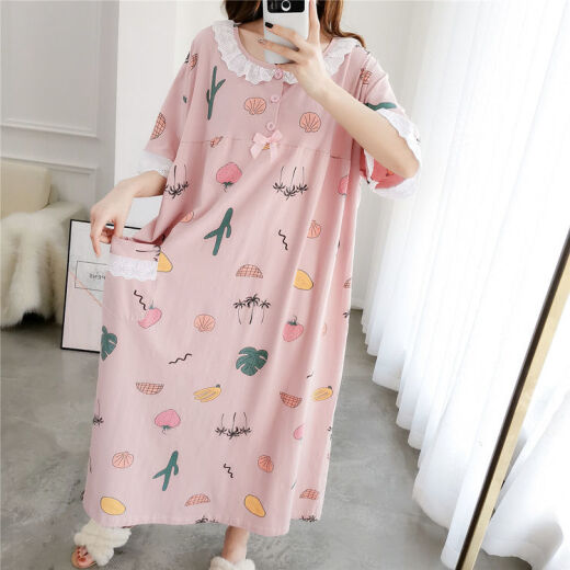 LANWEIFEILEI夏季薄款短袖女300斤公主风长款过膝睡裙胖妹妹宽松200睡衣SN7029 蓝色人掌 3XL 建议200-250斤