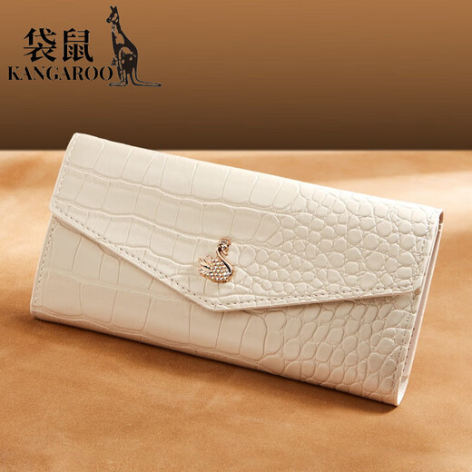 袋鼠（KANGAROO）时尚鳄鱼纹女士长款钱包超薄时尚大容量多卡位放手机证件卡夹卡包 白色