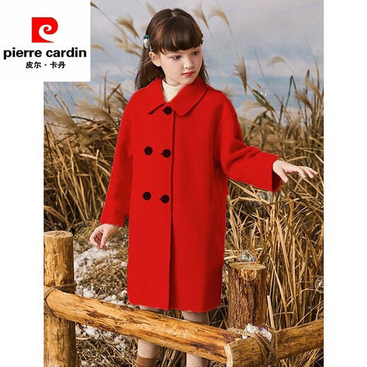 Pierre Cardin girls double-sided woolen coat 2023 autumn and winter new style children's lapel velvet coat medium and large children's woolen coat khaki 160