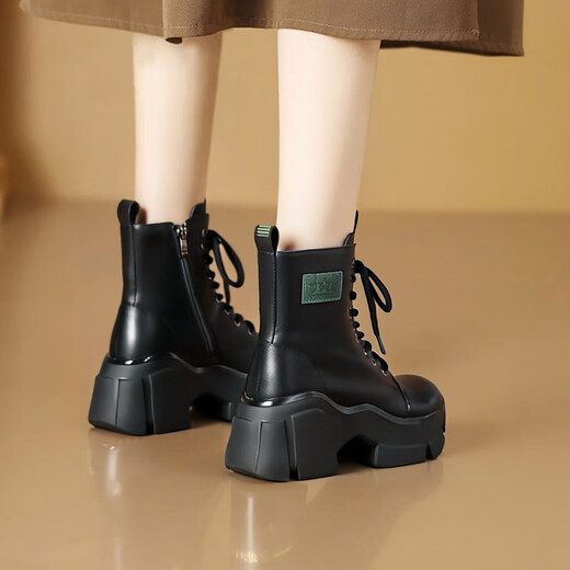 QIPUSEN brand snow boots for women, plus velvet and thickened northeastern cotton shoes for women, 2025 winter new genuine leather wool Martin boots for women, black 37