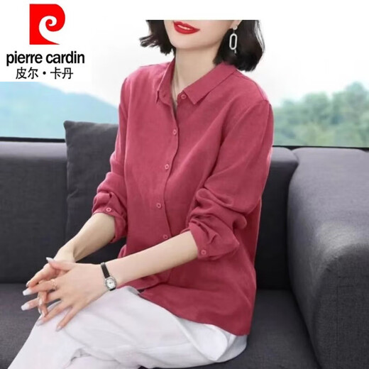 皮尔卡丹（pierre cardin）纯棉衬衫女2025年新款秋季纯色衬衫春秋宽松遮肉长袖衬衫女上衣 紫粉色 XL 建议111-125斤